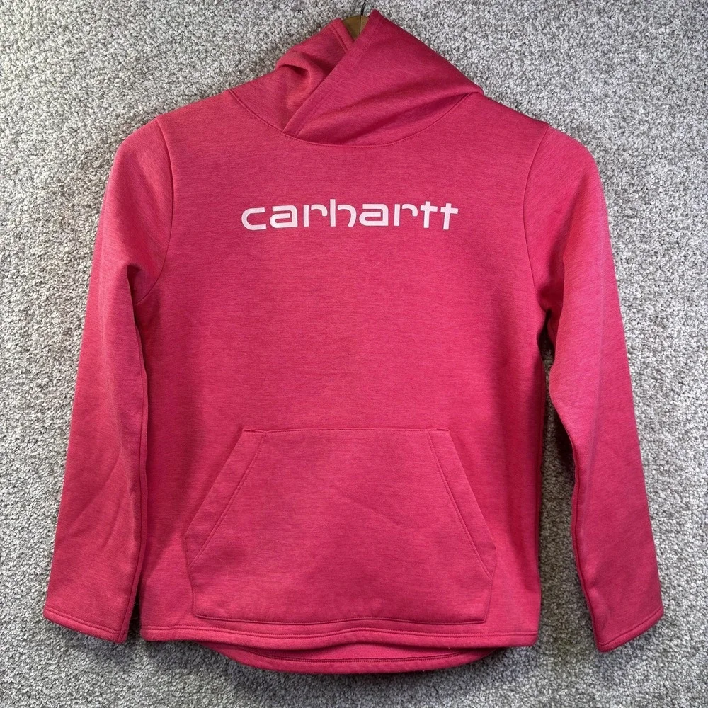 Carhartt Hoodie Youth Large 12‎ Pink Fleece Pullover Kangaroo Pocket Logo